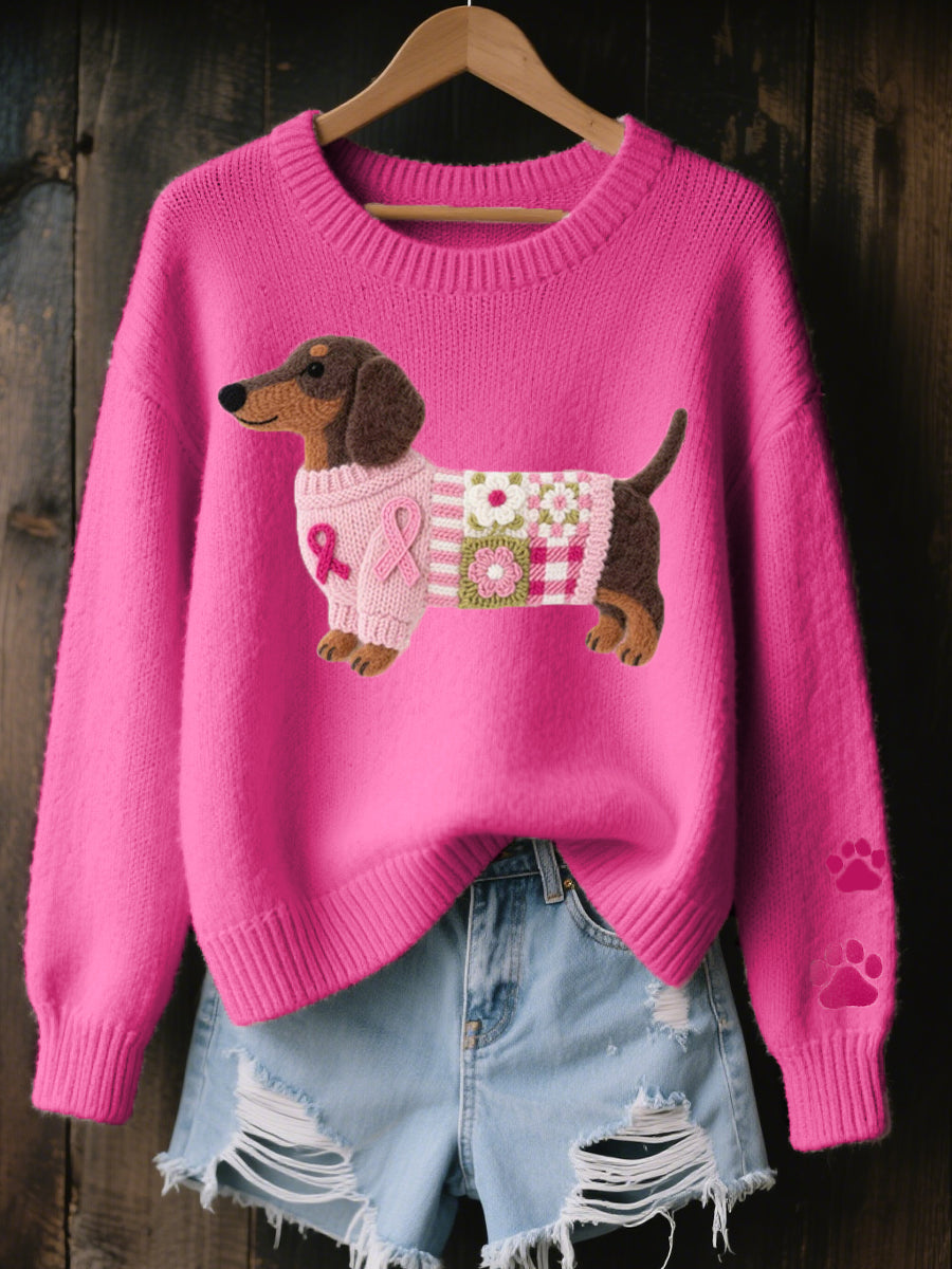 Relaxed Knit Sweater with Dachshund and Paw Print Detail