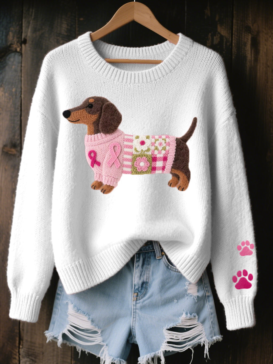 Relaxed Knit Sweater with Dachshund and Paw Print Detail
