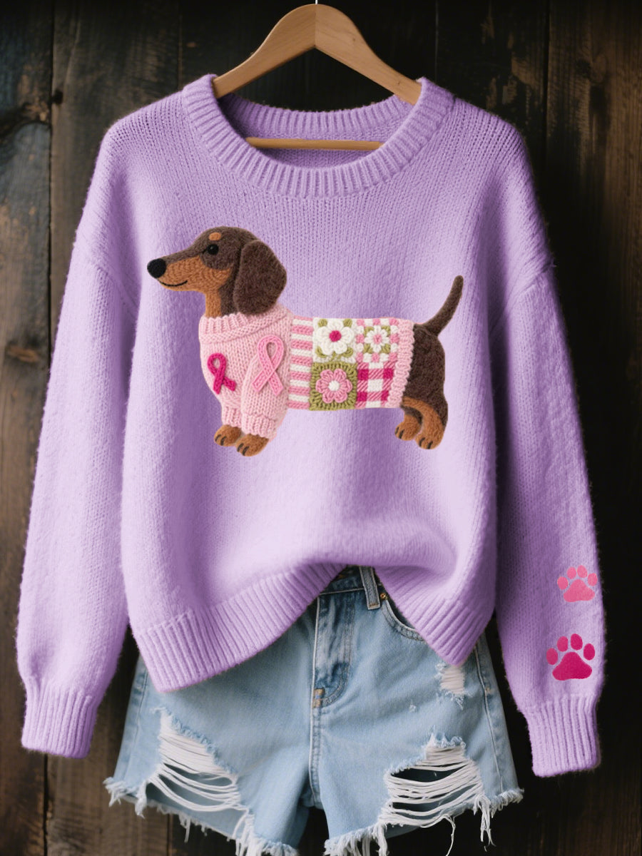 Relaxed Knit Sweater with Dachshund and Paw Print Detail