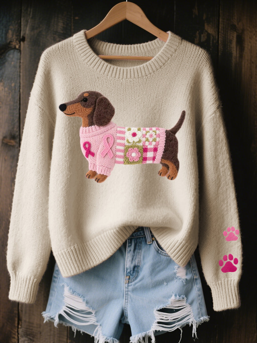 Relaxed Knit Sweater with Dachshund and Paw Print Detail