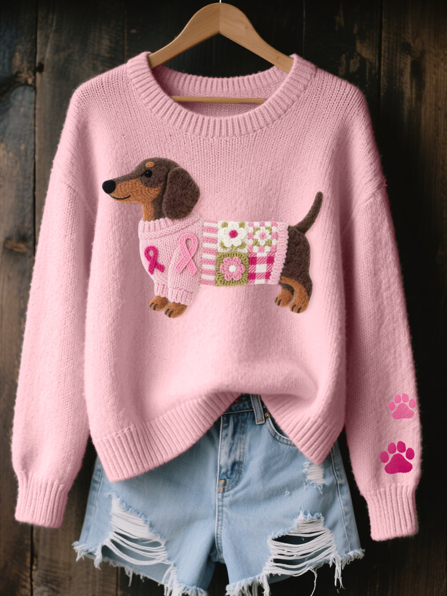 Relaxed Knit Sweater with Dachshund and Paw Print Detail