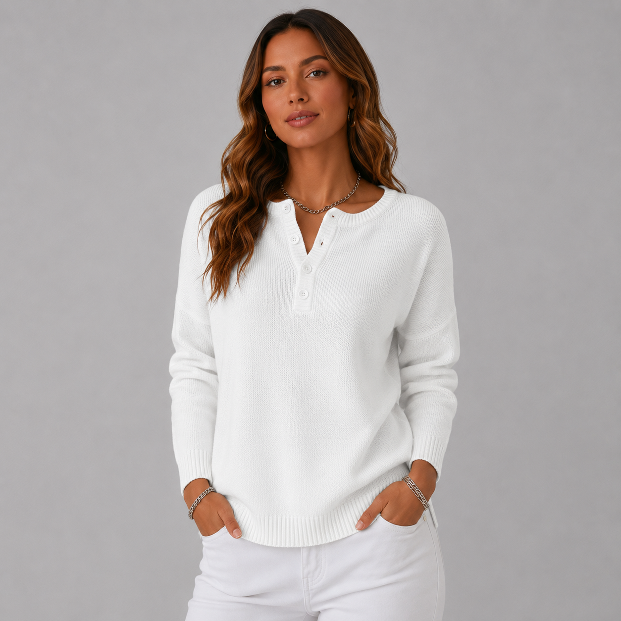 Relaxed Knit Sweater with Henley Button Neckline