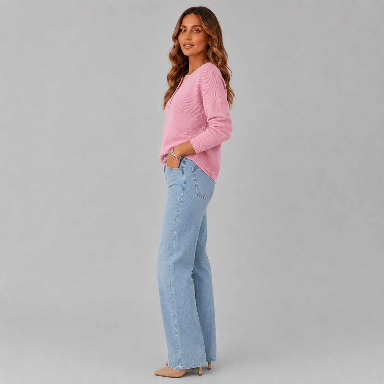 Relaxed Knit Sweater with Henley Button Neckline