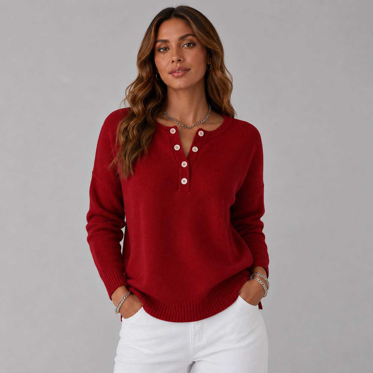 Relaxed Knit Sweater with Henley Button Neckline