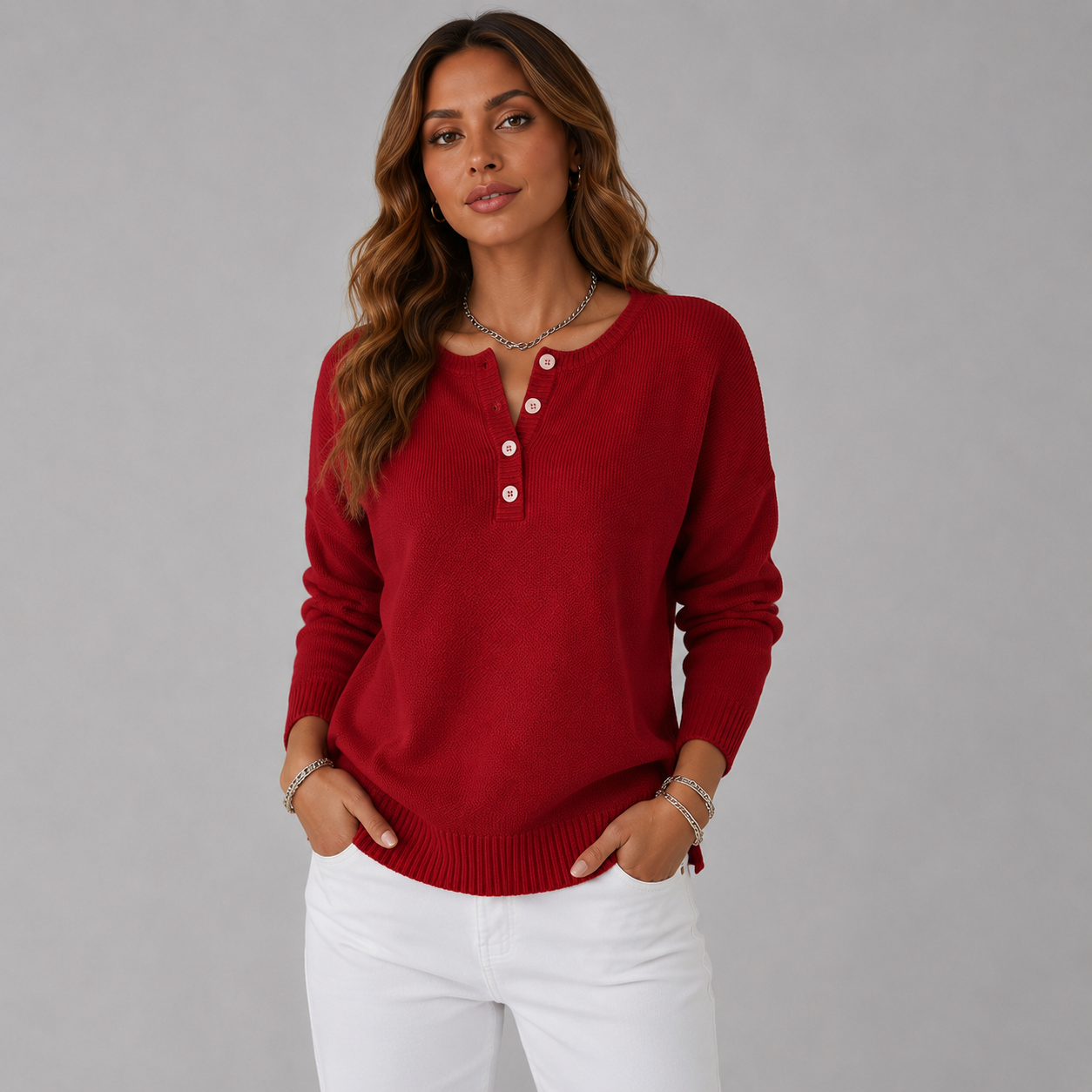 Relaxed Knit Sweater with Henley Button Neckline