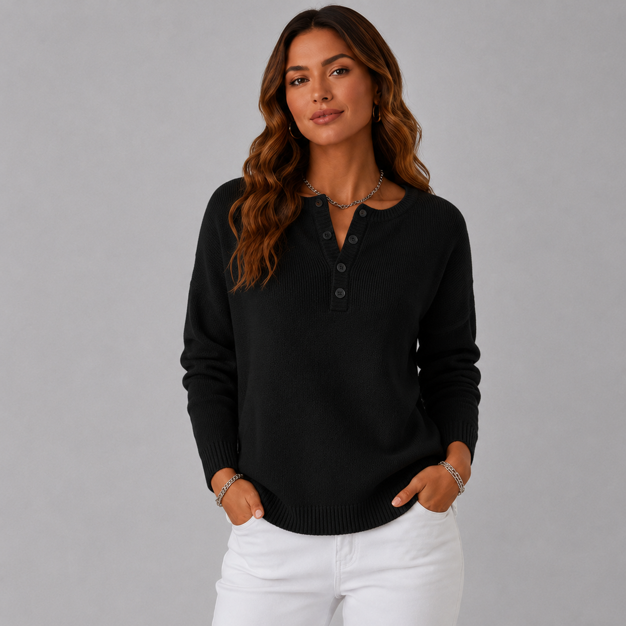 Relaxed Knit Sweater with Henley Button Neckline