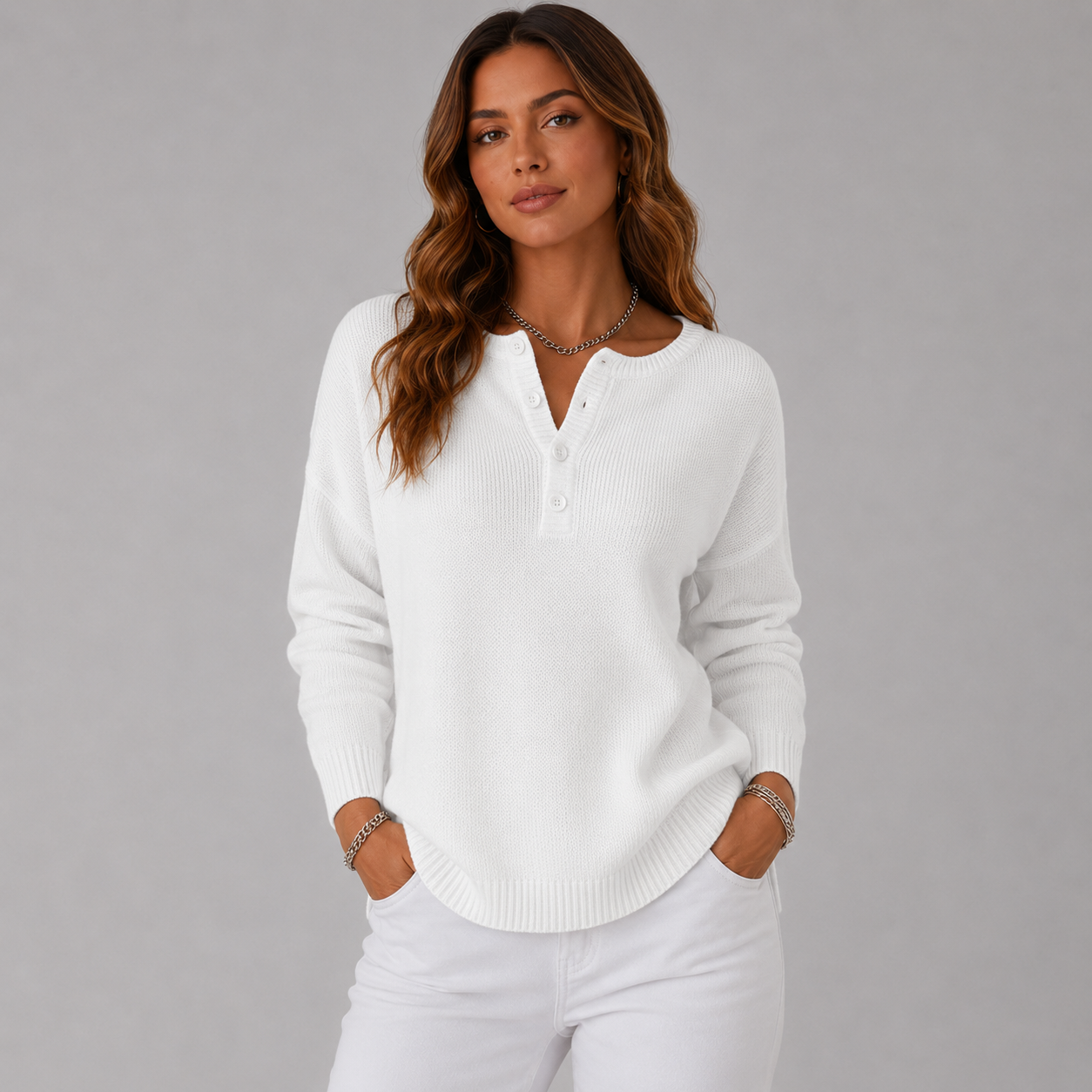 Relaxed Knit Sweater with Henley Button Neckline