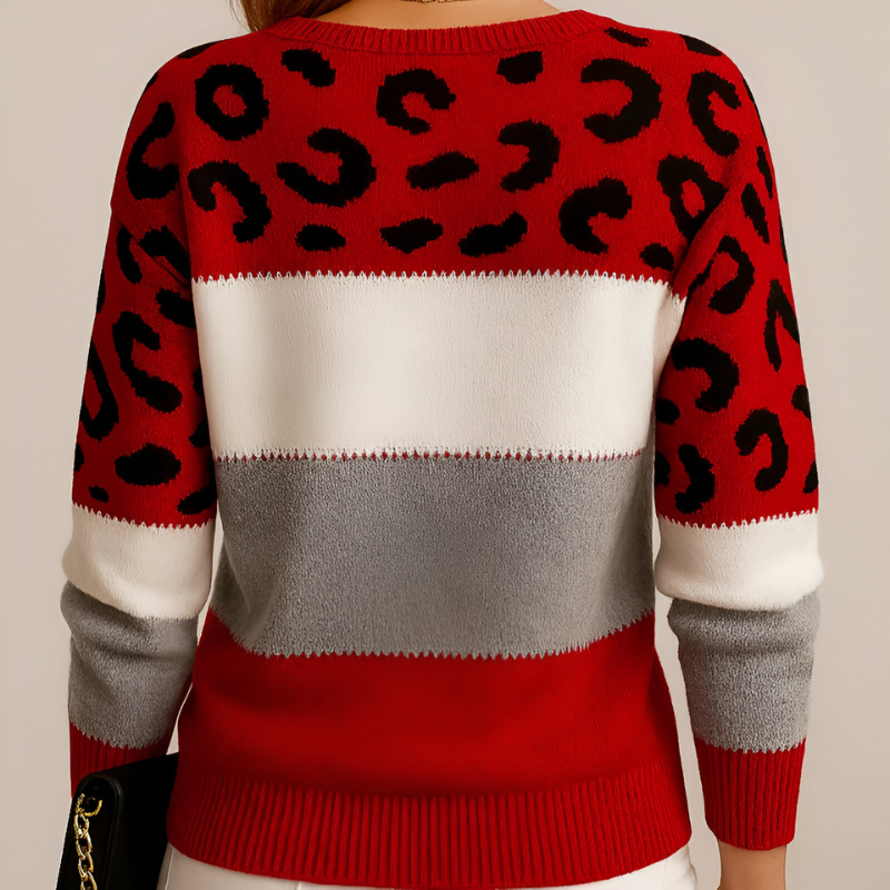 Relaxed Knit Sweater with Leopard Print and Colour Block Pattern