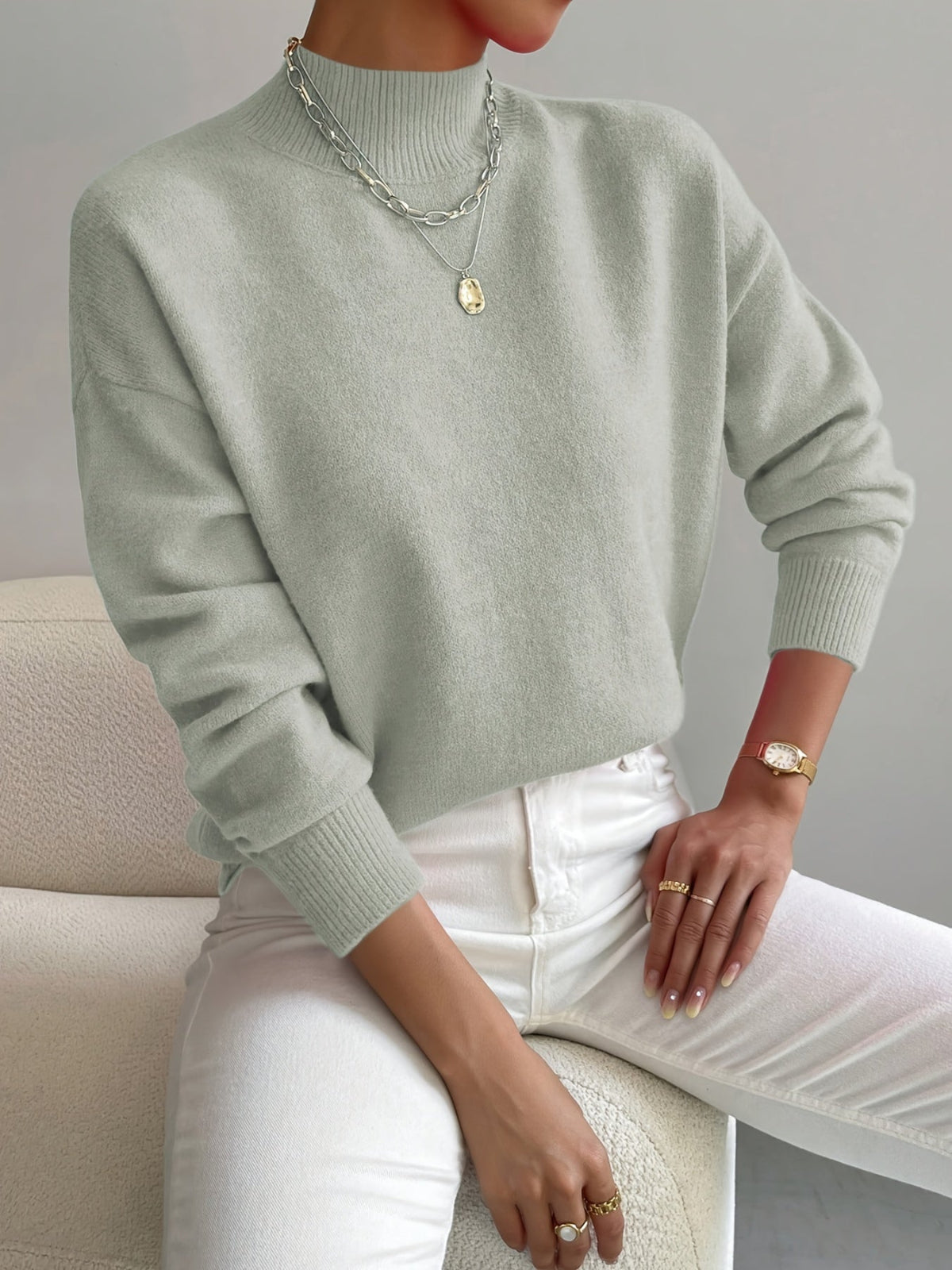 Relaxed Knit Sweater with Mock Neck and Ribbed Cuffs