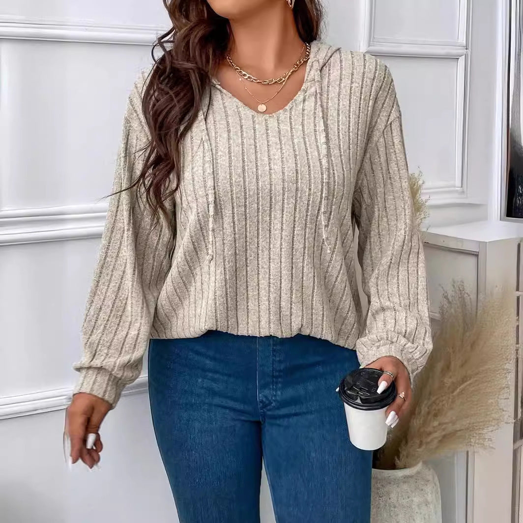 Relaxed Ribbed Knit Hoodie with V-Neckline and Drawstring Hood