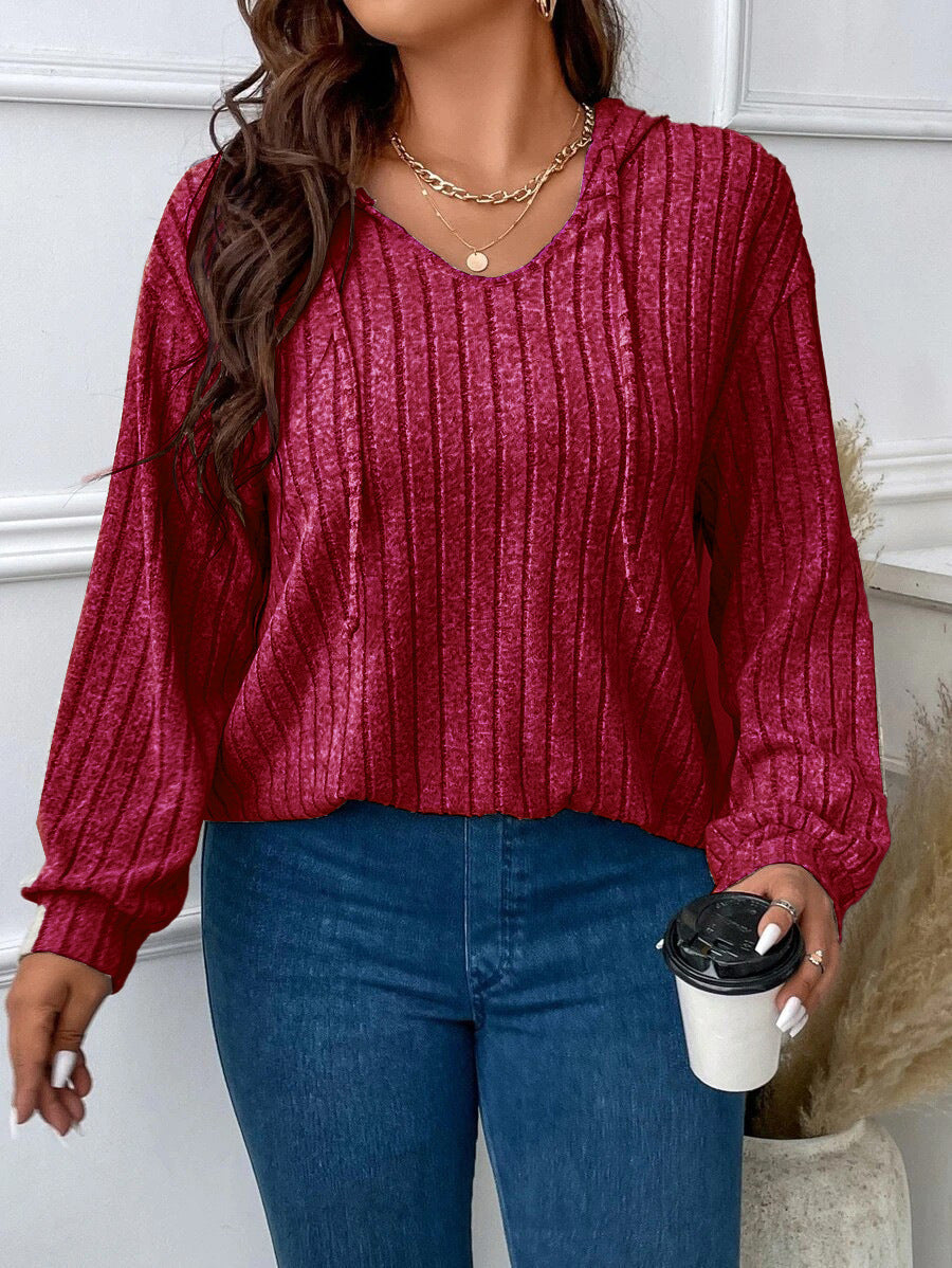 Relaxed Ribbed Knit Hoodie with V-Neckline and Drawstring Hood
