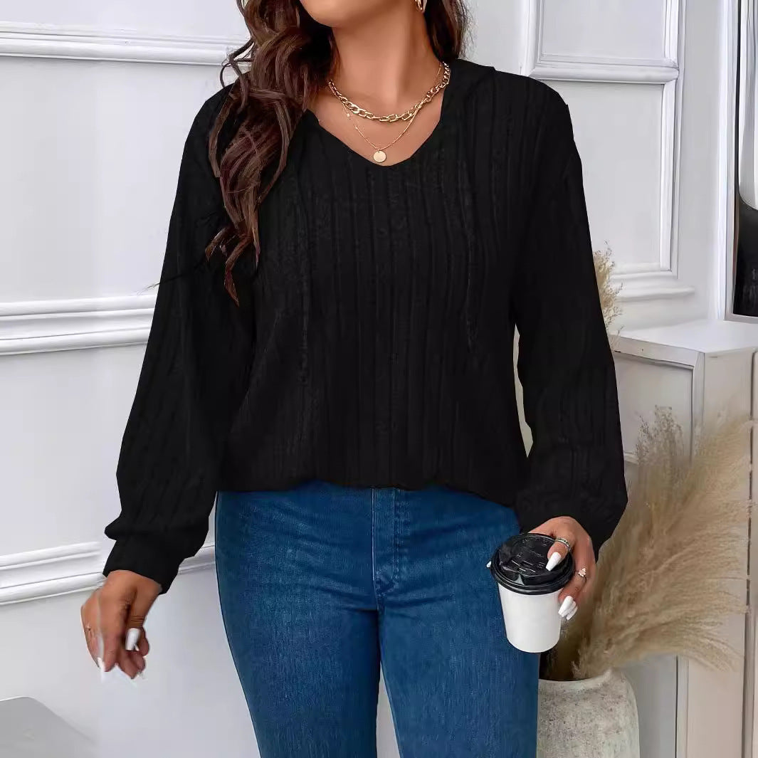 Relaxed Ribbed Knit Hoodie with V-Neckline and Drawstring Hood