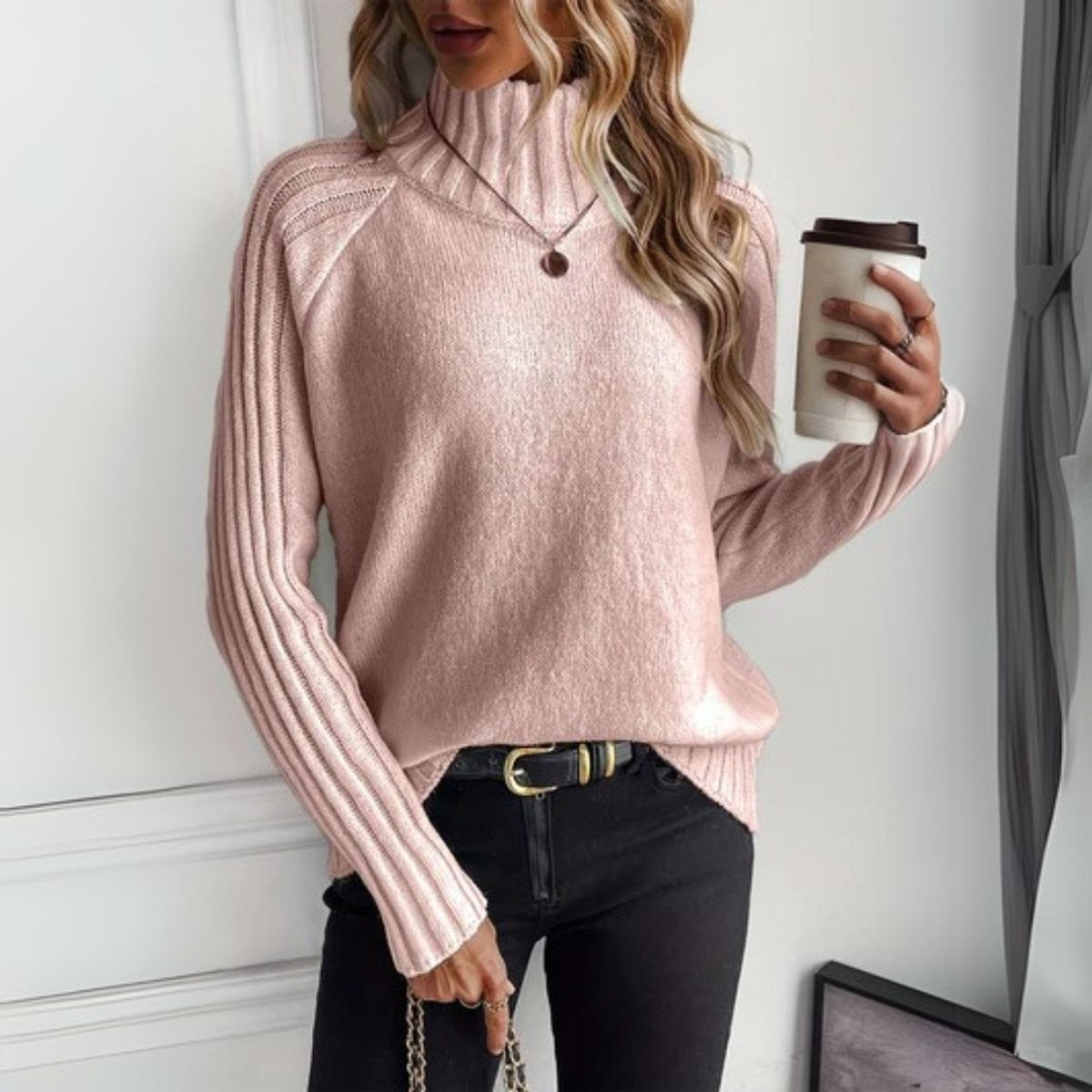 Relaxed Turtleneck Sweater with Ribbed Raglan Sleeves