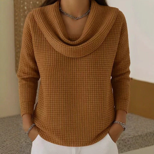 Relaxed Waffle Knit Sweater with Cowl Neck
