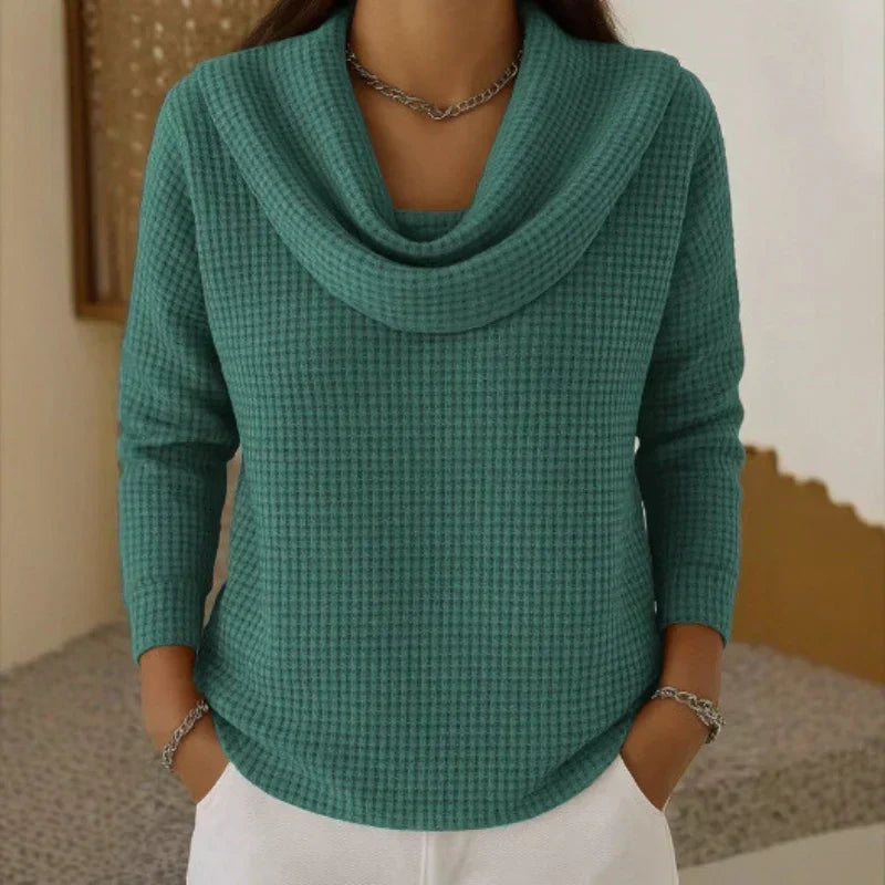 Relaxed Waffle Knit Sweater with Cowl Neck