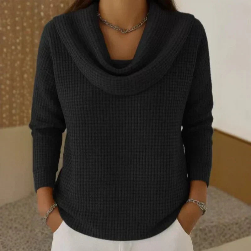 Relaxed Waffle Knit Sweater with Cowl Neck