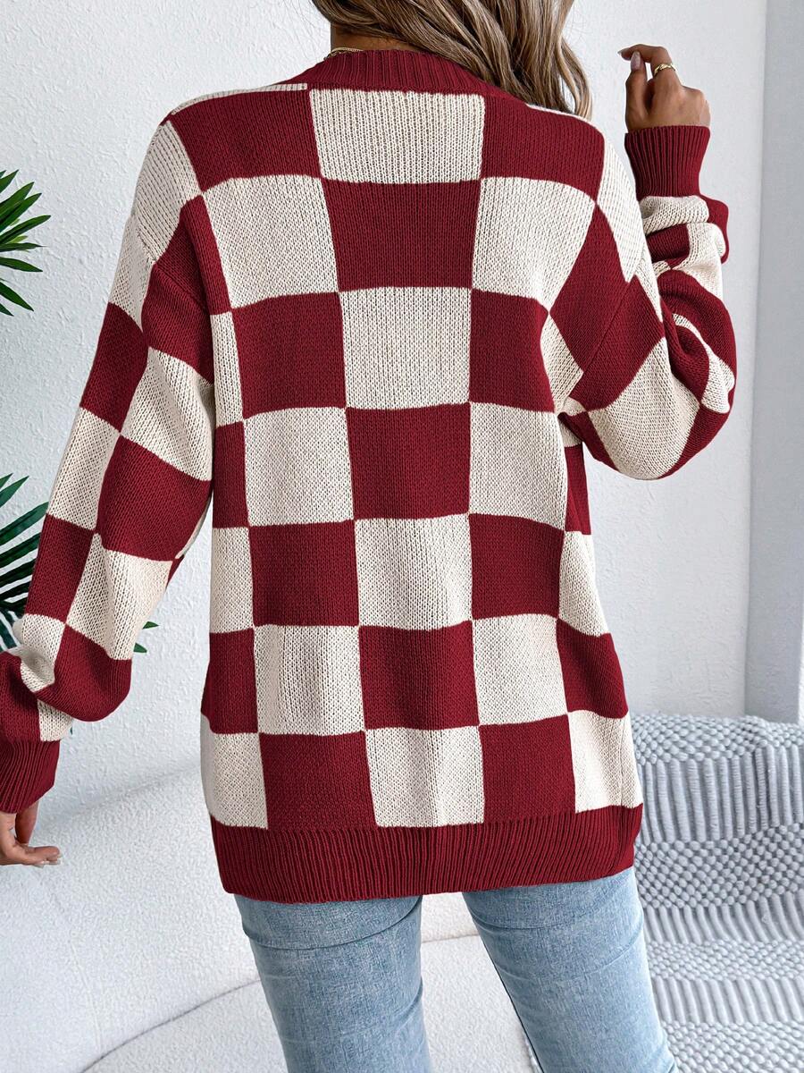 Retro Check Print Open Front Cardigan with Puff Sleeves