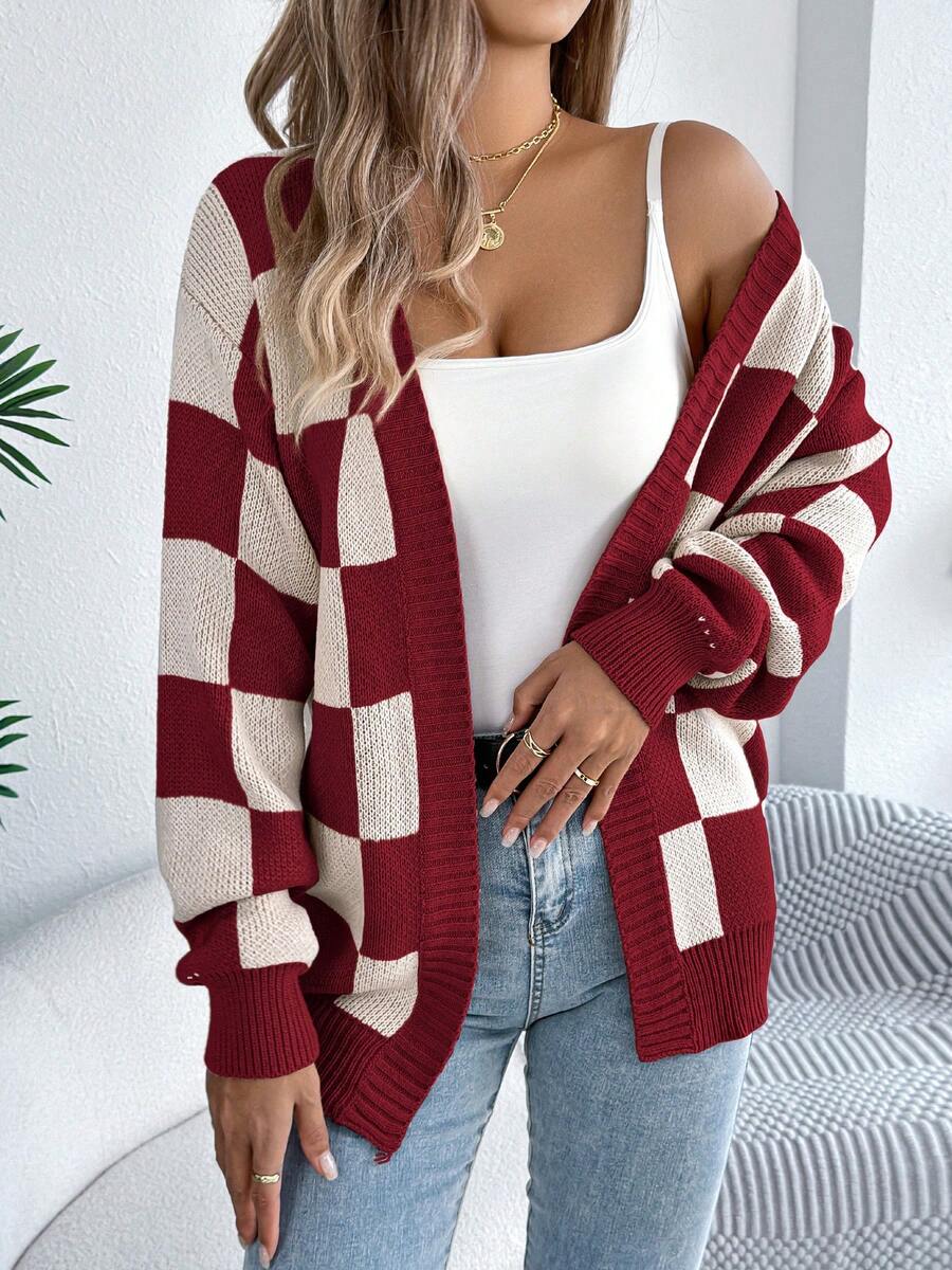 Retro Check Print Open Front Cardigan with Puff Sleeves