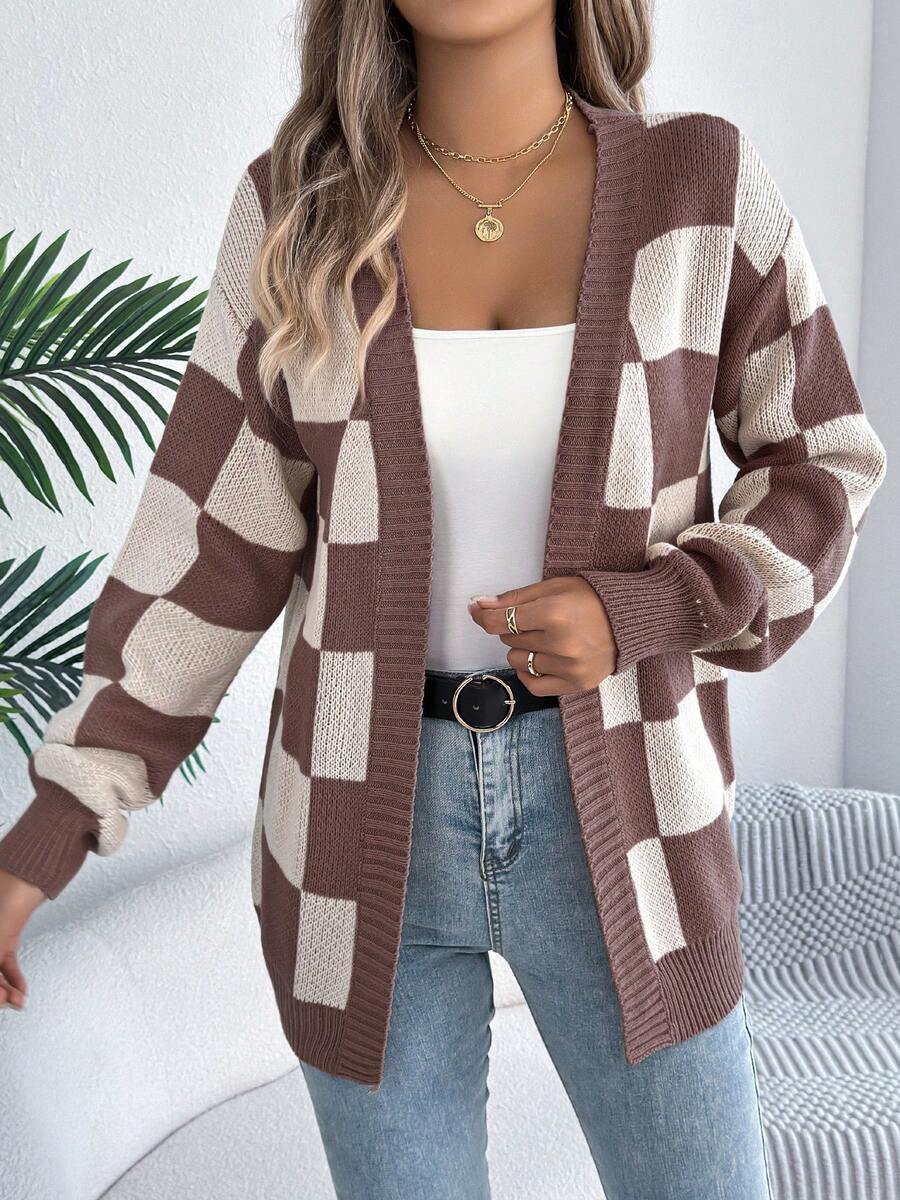 Retro Check Print Open Front Cardigan with Puff Sleeves