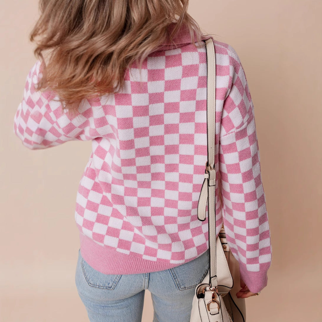Retro Checkerboard Knit Sweater with Collared Neck and Button Detail