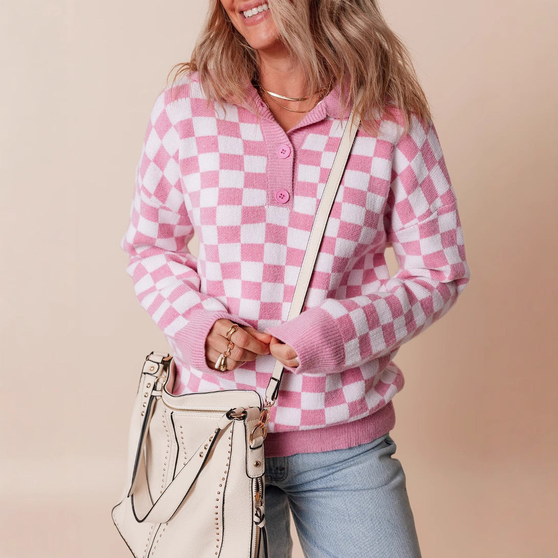 Retro Checkerboard Knit Sweater with Collared Neck and Button Detail