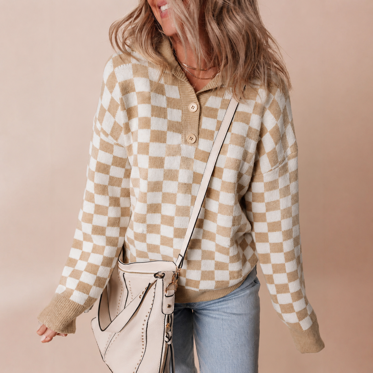 Retro Checkerboard Knit Sweater with Collared Neck and Button Detail