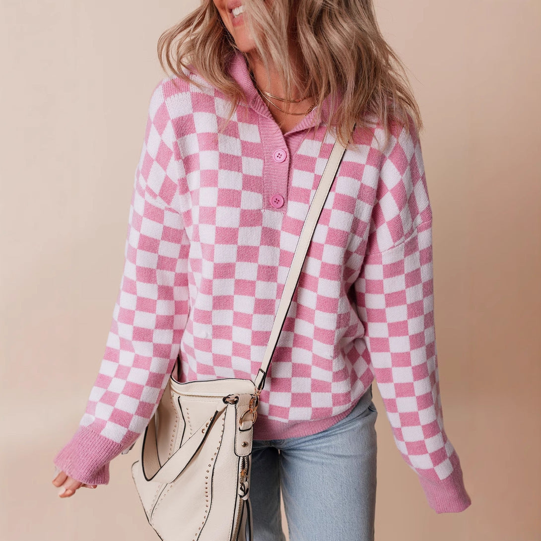 Retro Checkerboard Knit Sweater with Collared Neck and Button Detail