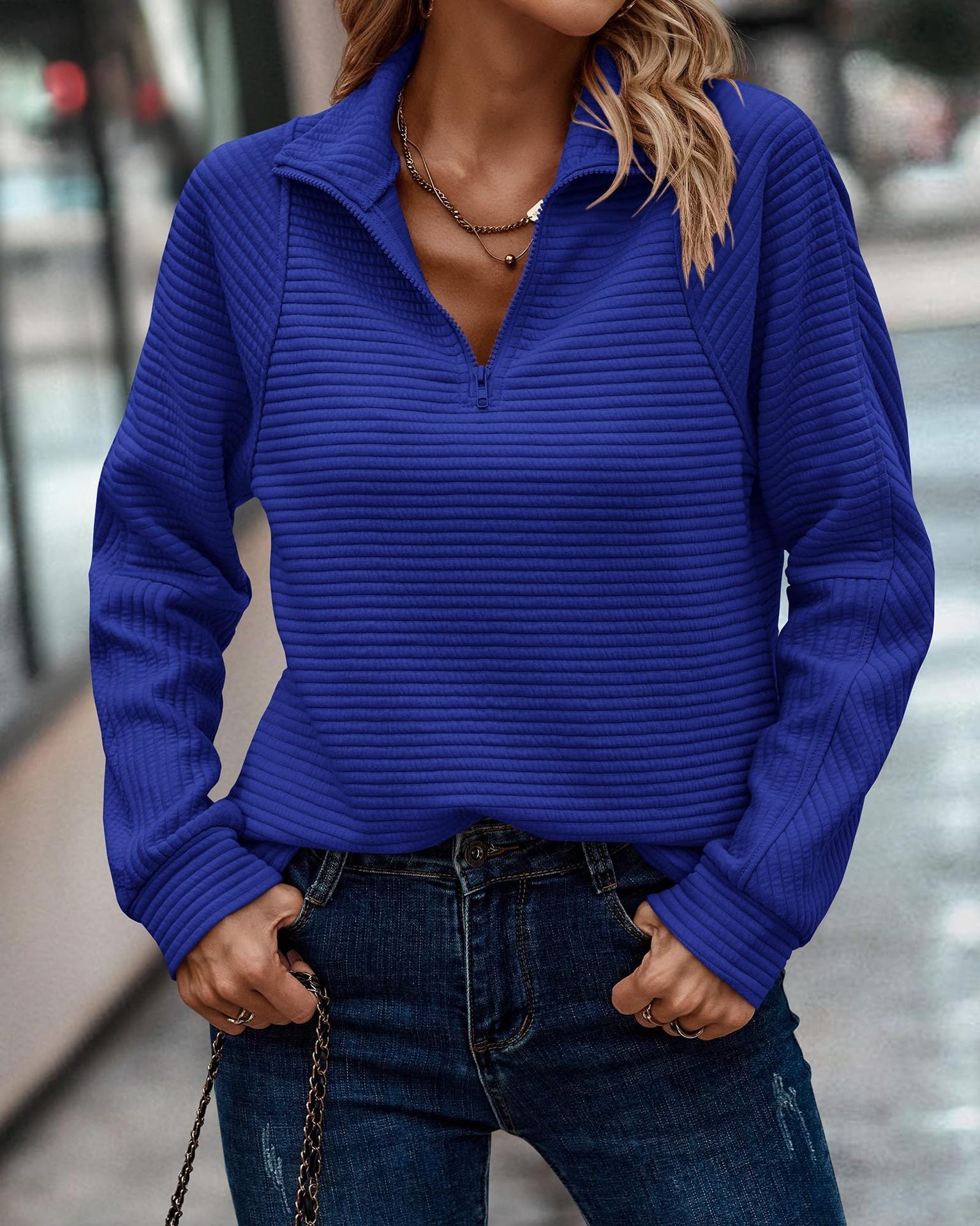 Ribbed Half Zip Sweatshirt with Stand Collar