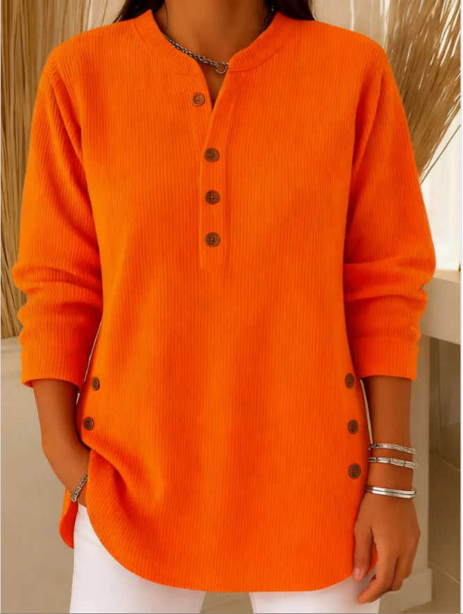 Ribbed Tunic Top with Henley Neckline and Side Button Detail