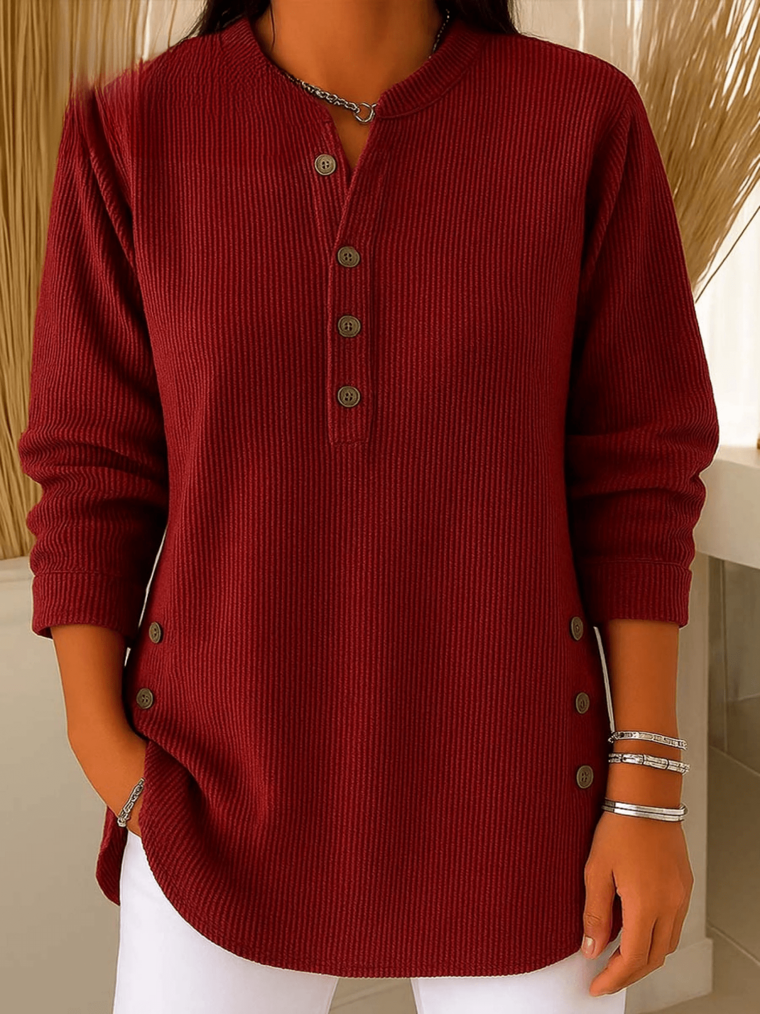 Ribbed Tunic Top with Henley Neckline and Side Button Detail