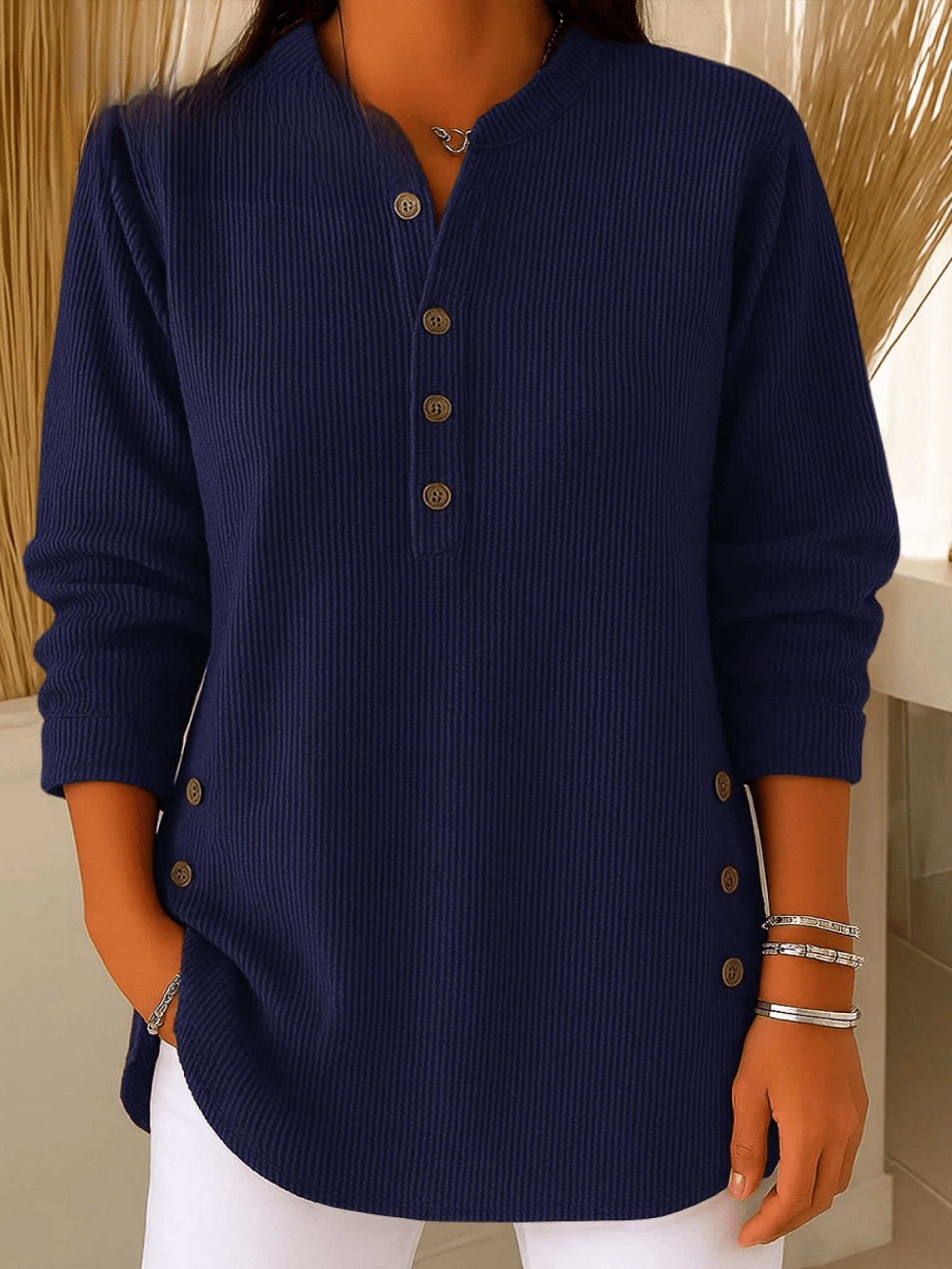 Ribbed Tunic Top with Henley Neckline and Side Button Detail