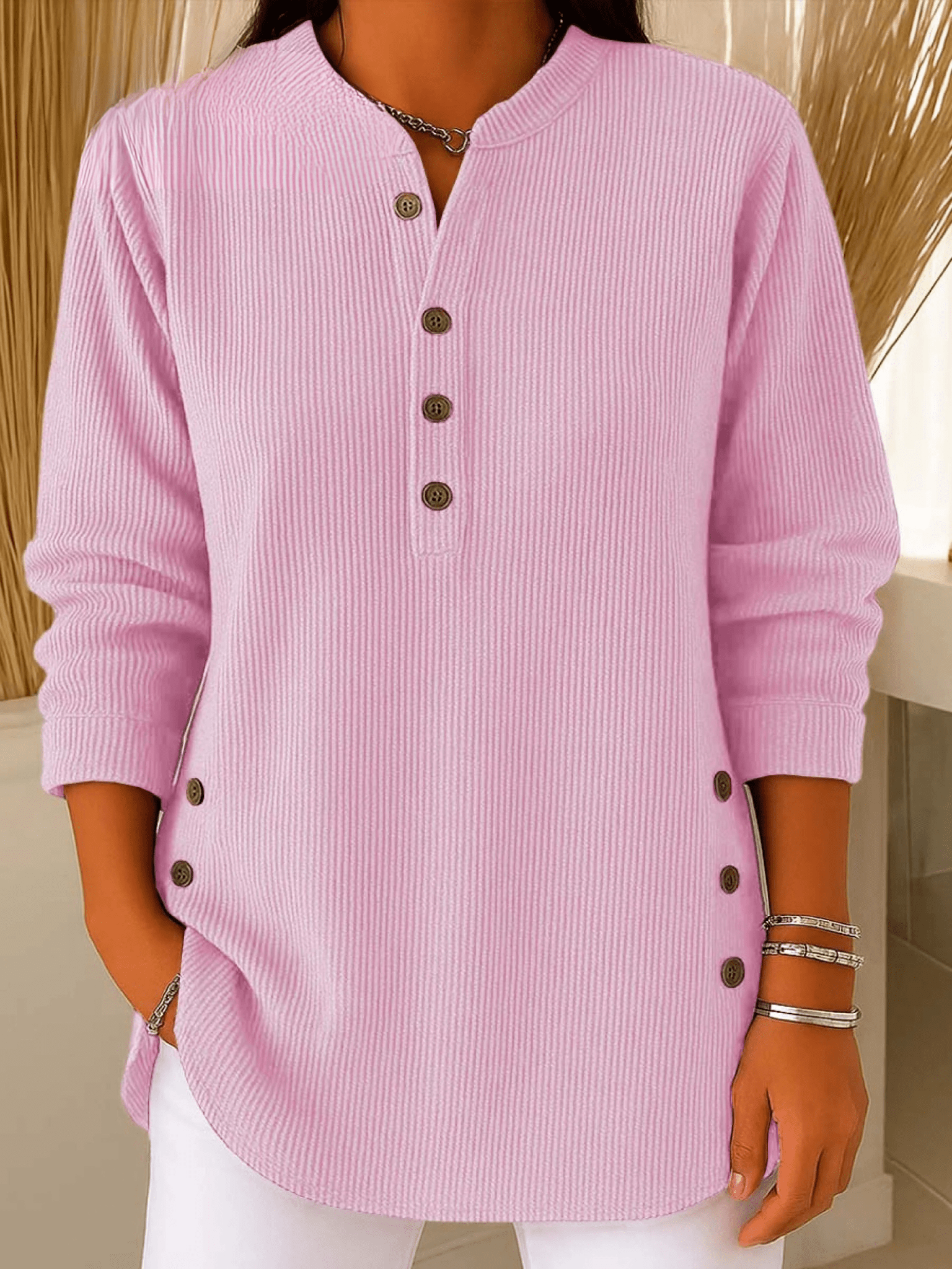 Ribbed Tunic Top with Henley Neckline and Side Button Detail