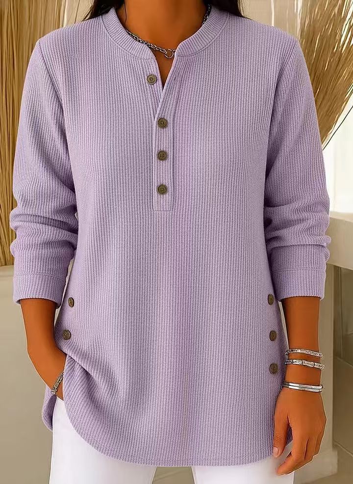 Ribbed Tunic Top with Henley Neckline and Side Button Detail