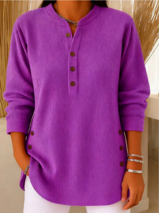 Ribbed Tunic Top with Henley Neckline and Side Button Detail