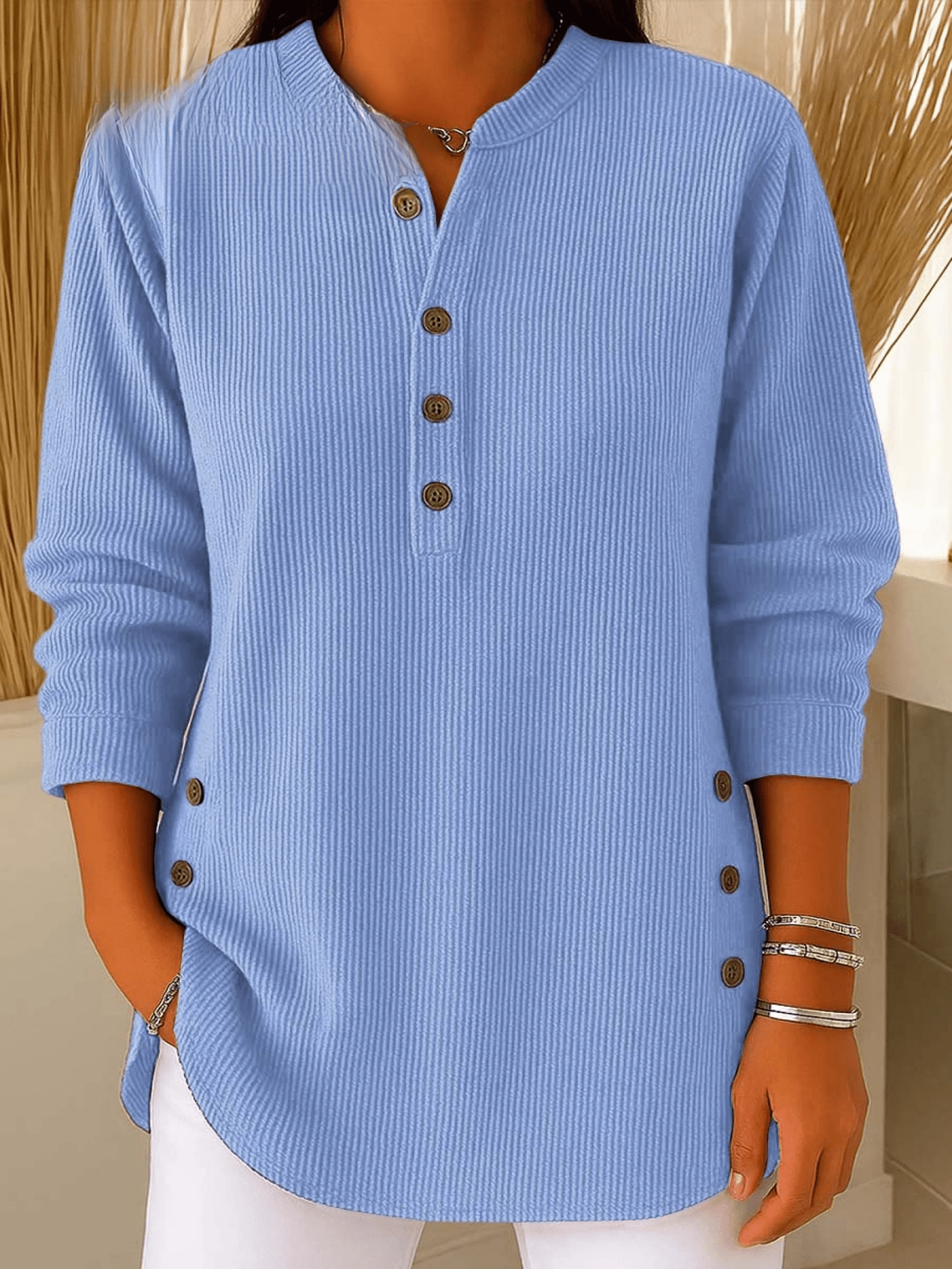 Ribbed Tunic Top with Henley Neckline and Side Button Detail
