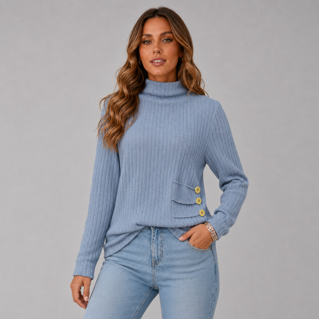 Ribbed Turtleneck Sweater with Side Button Detail