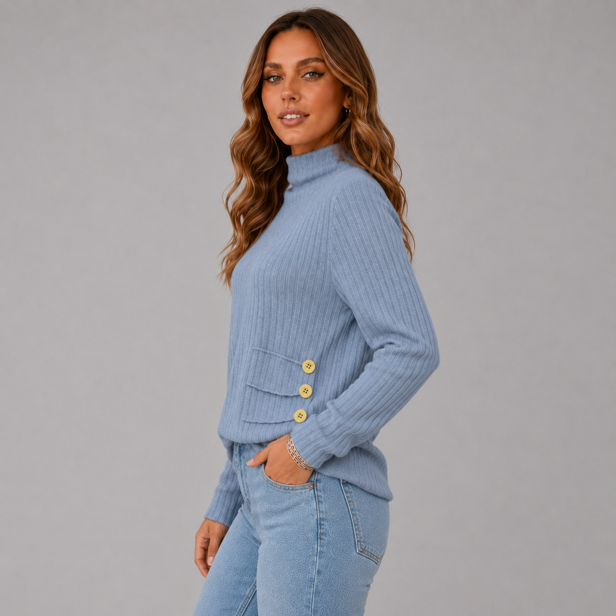Ribbed Turtleneck Sweater with Side Button Detail