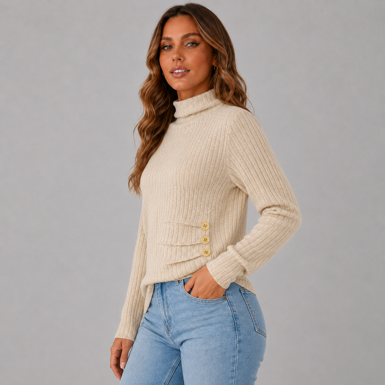 Ribbed Turtleneck Sweater with Side Button Detail