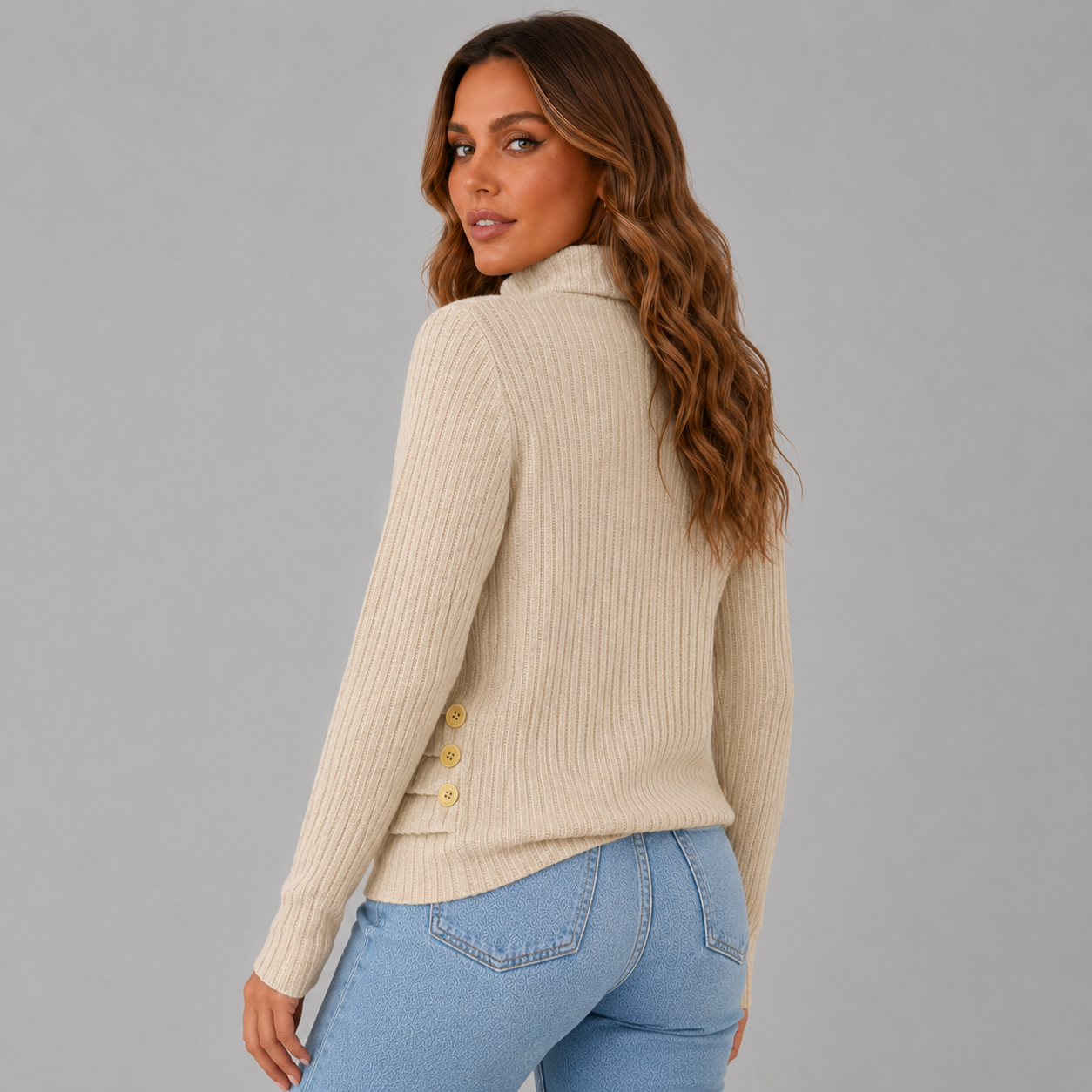 Ribbed Turtleneck Sweater with Side Button Detail