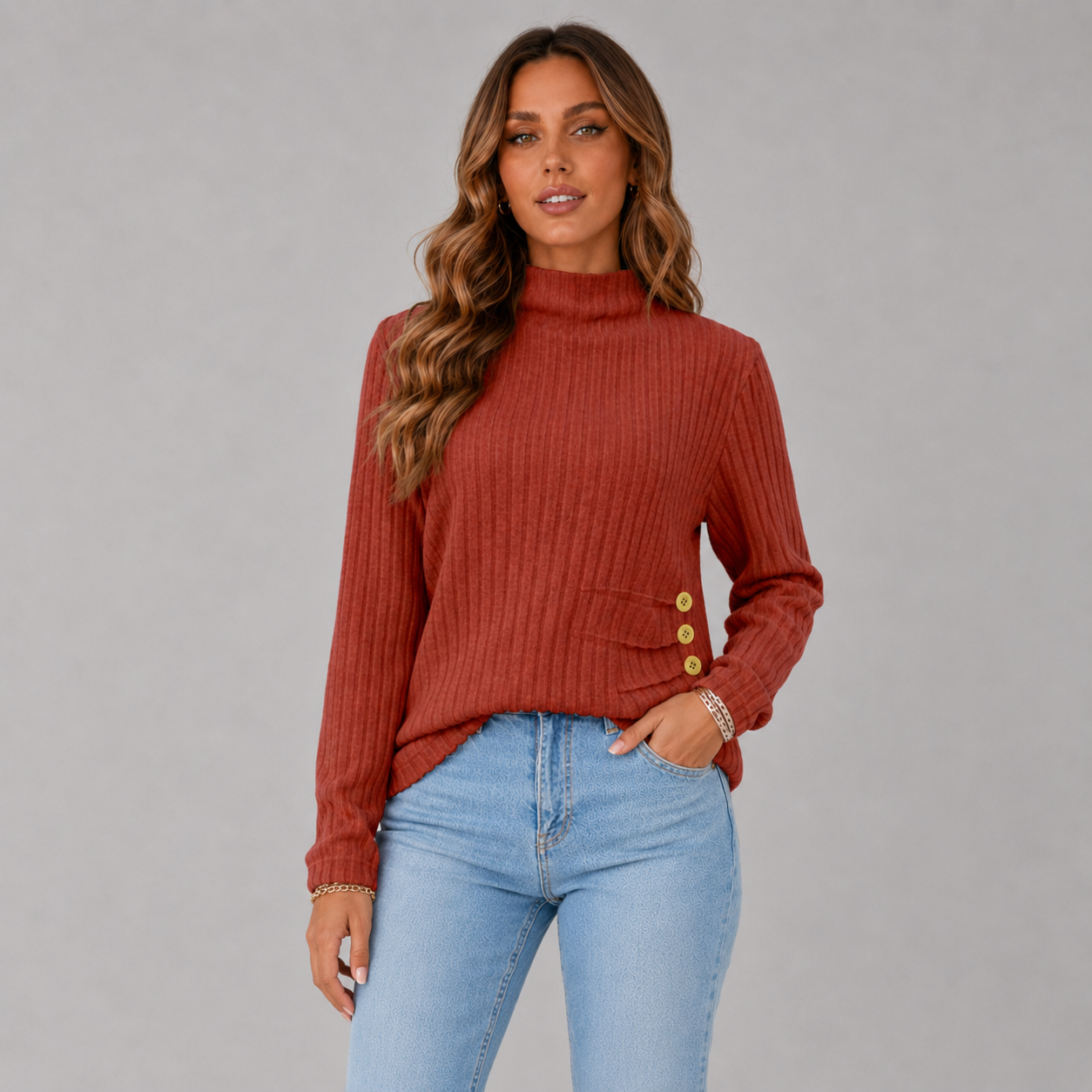 Ribbed Turtleneck Sweater with Side Button Detail