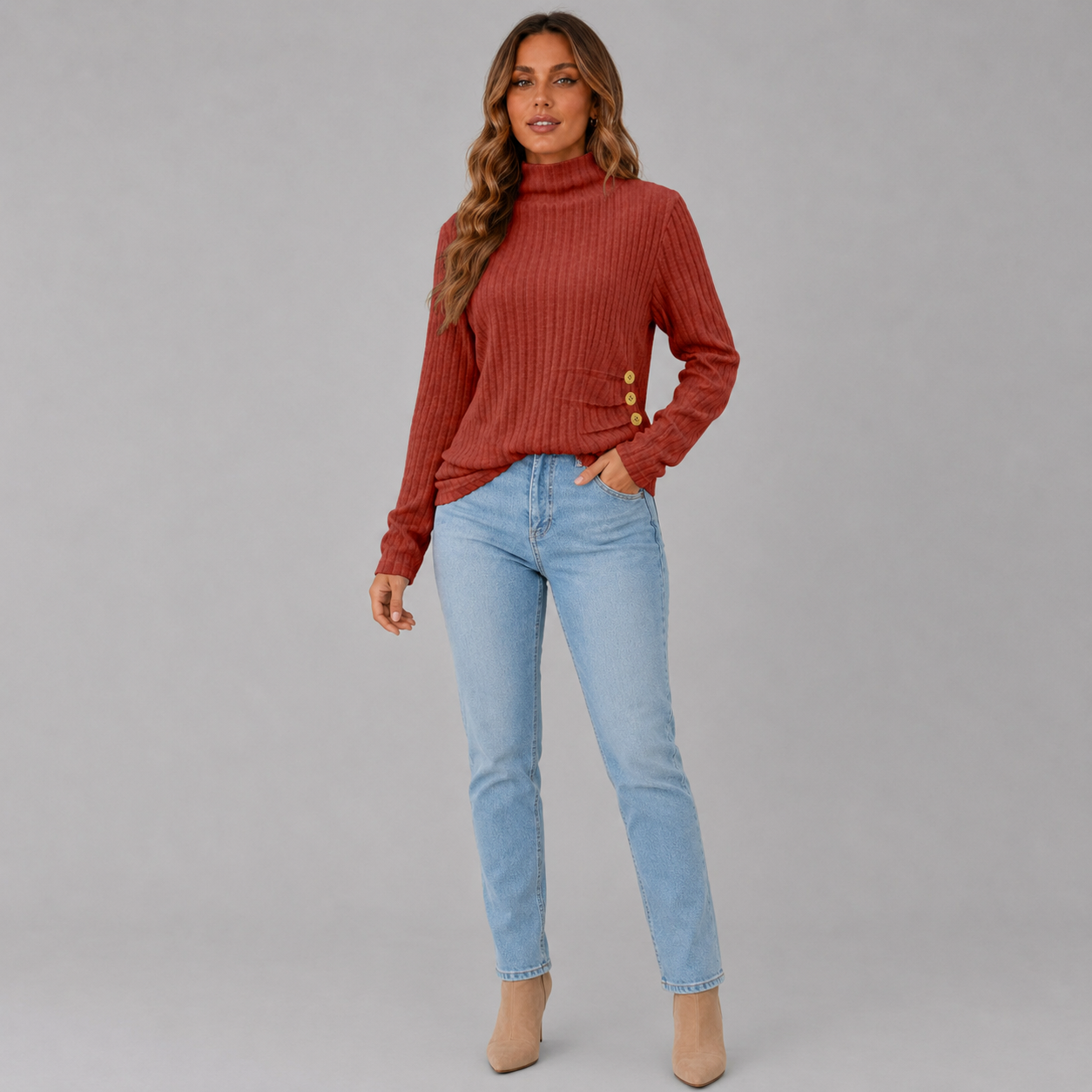 Ribbed Turtleneck Sweater with Side Button Detail