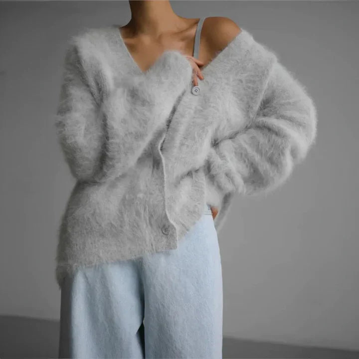 Soft Relaxed Knit Cardigan with V-Neckline and Button Front