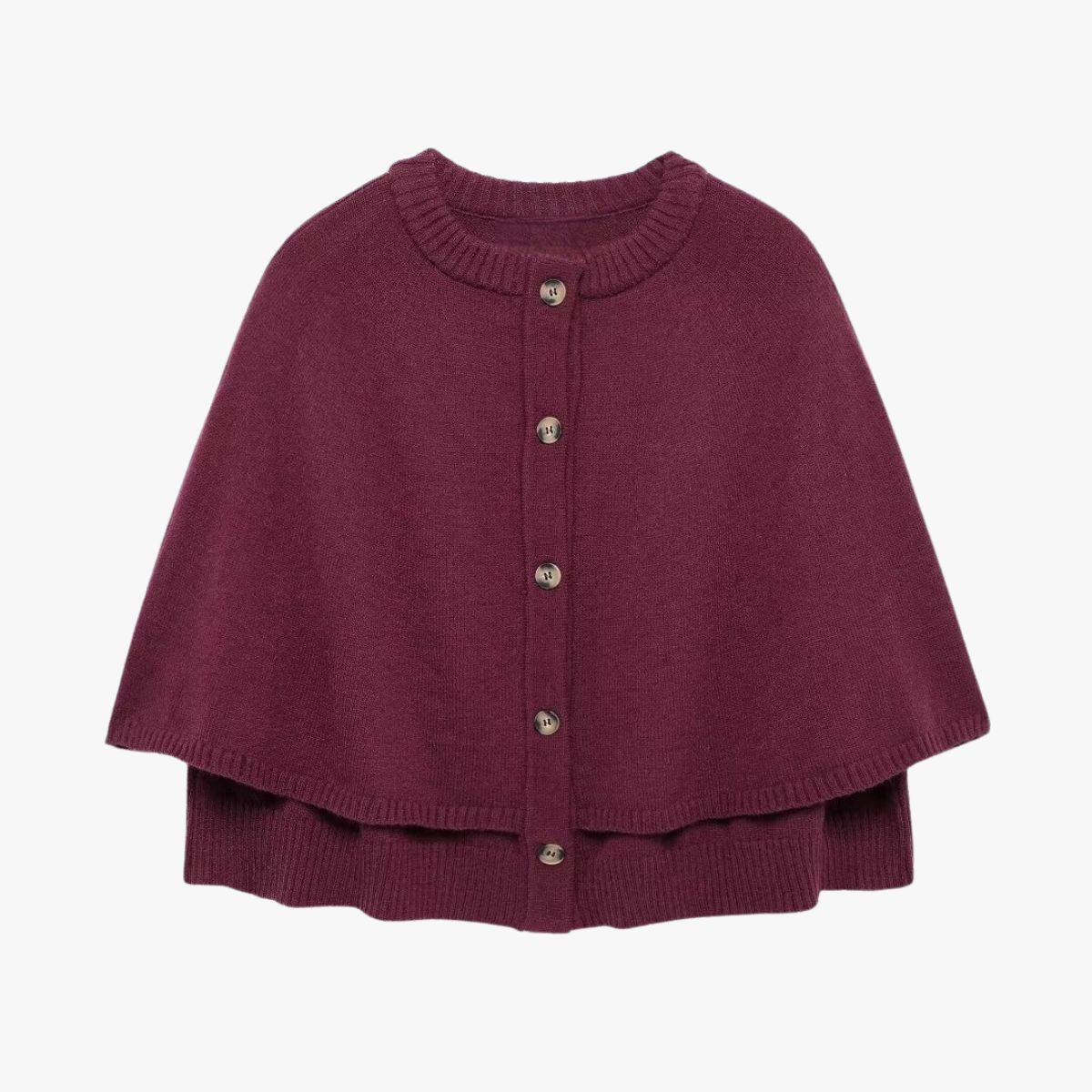 Soft Knit Poncho Cardigan with Button Front and Ribbed Trim