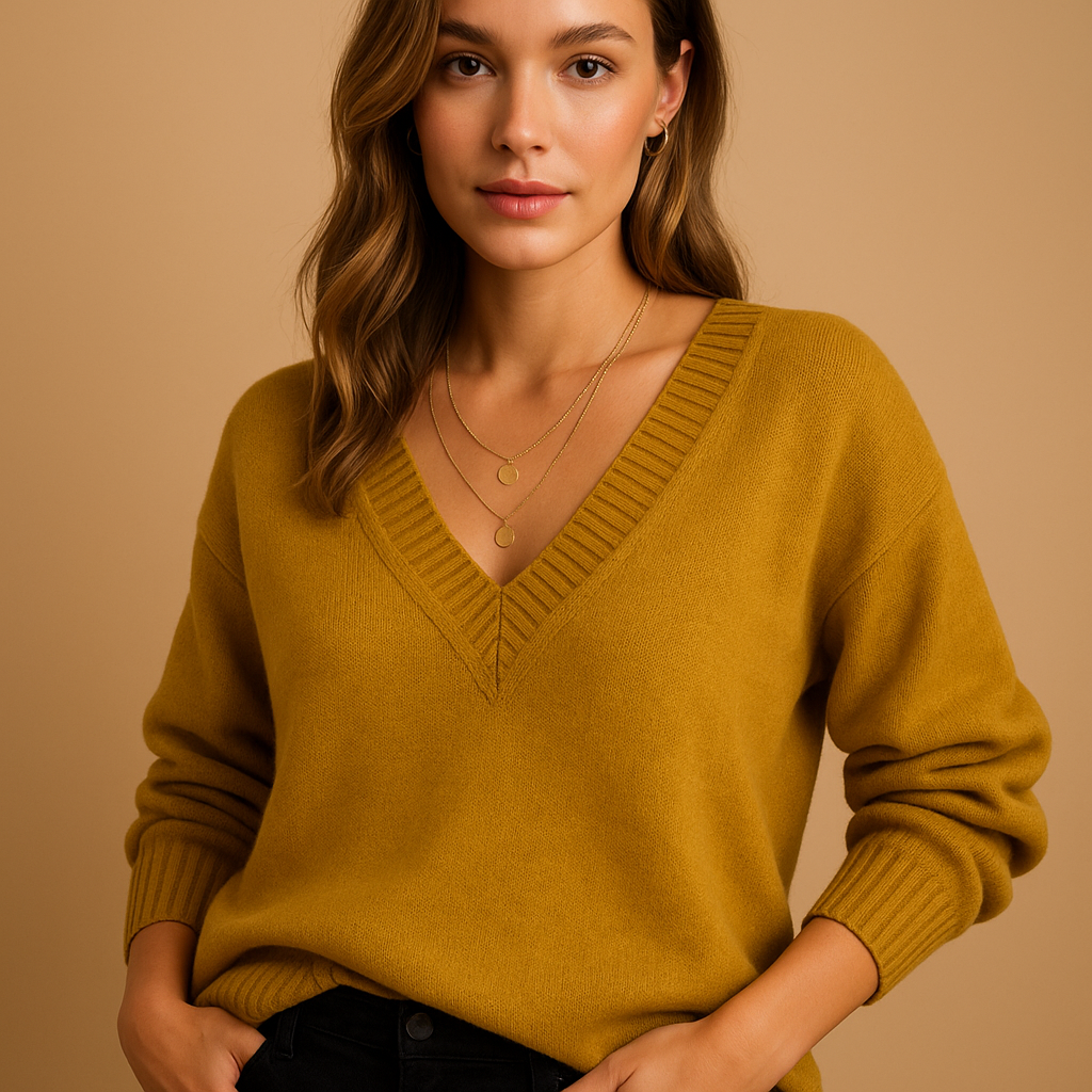 Soft Knit Sweater with Ribbed V-Neckline and Ribbed Cuffs