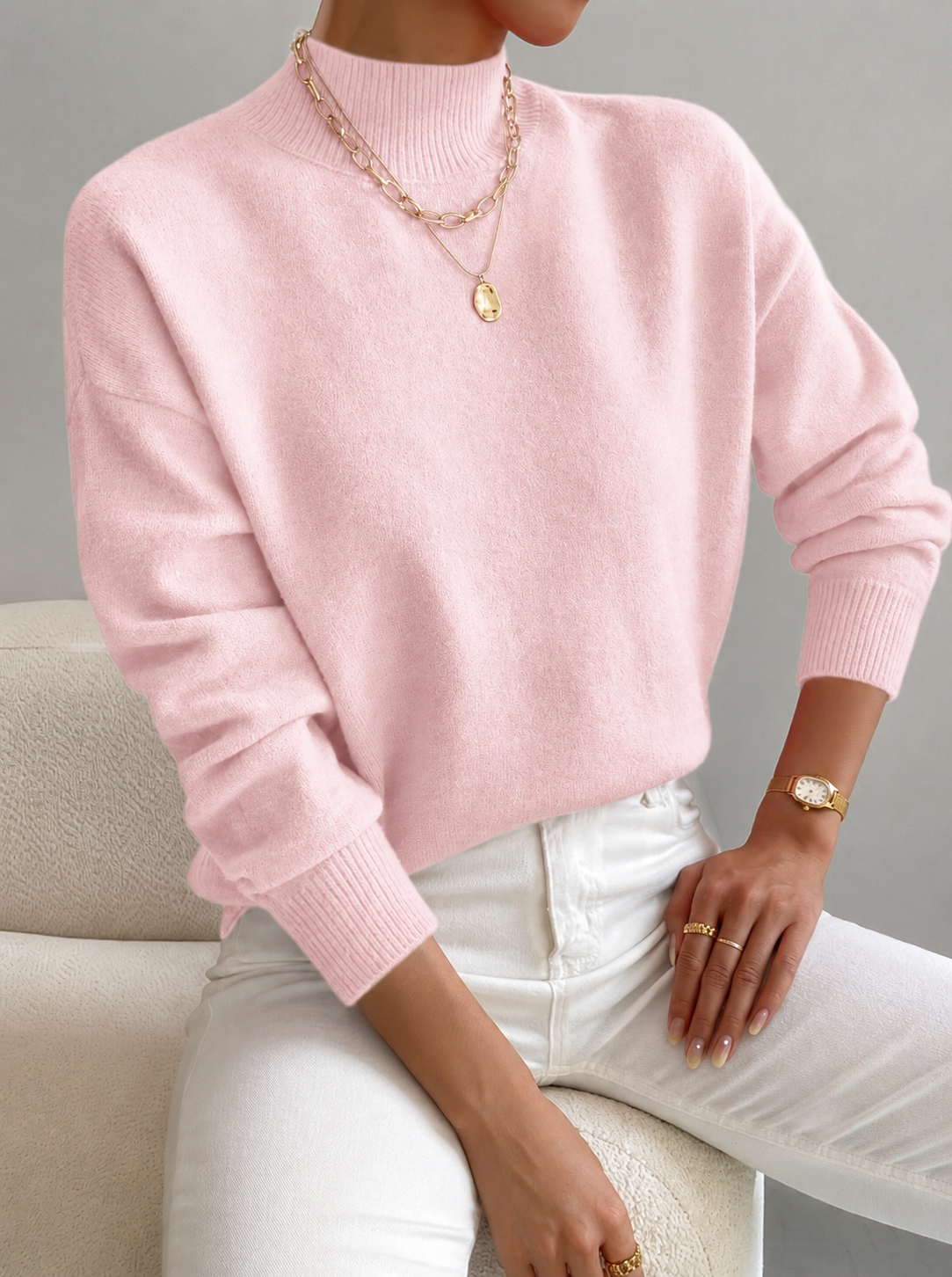 Soft Mock Neck Sweater with Ribbed Cuffs