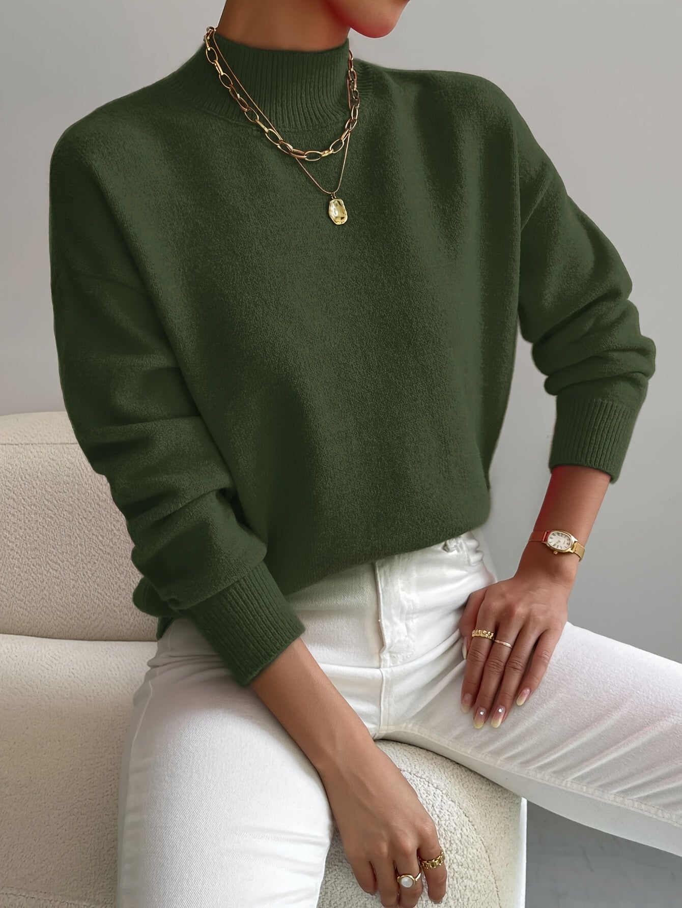 Soft Mock Neck Sweater with Ribbed Cuffs
