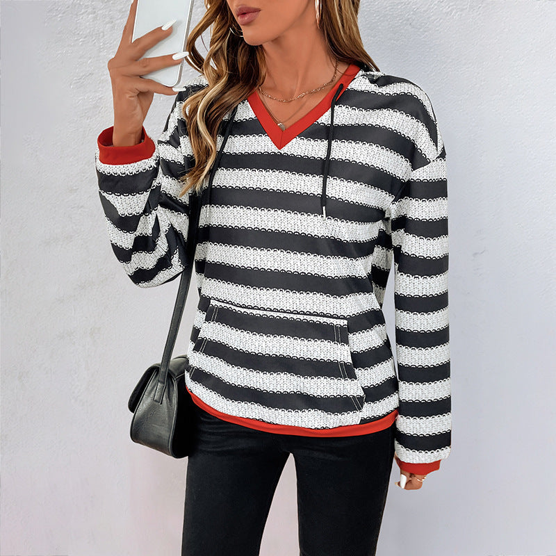 Striped Hoodie with V-Neckline and Red Contrast Trim