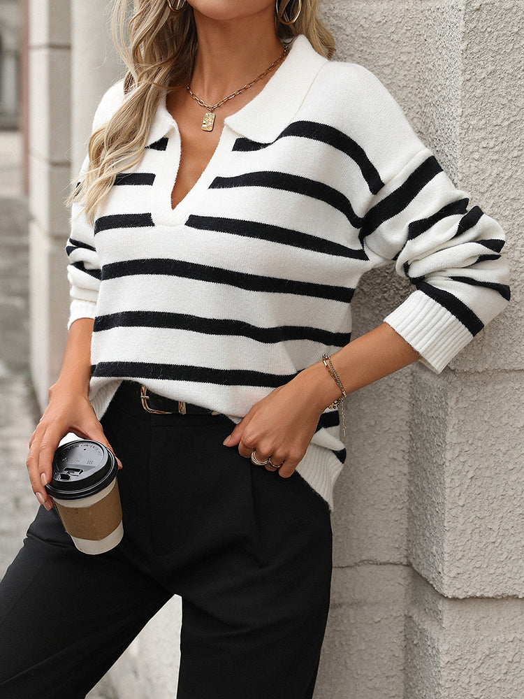 Striped Knit Sweater with Polo Collar and V-Neckline