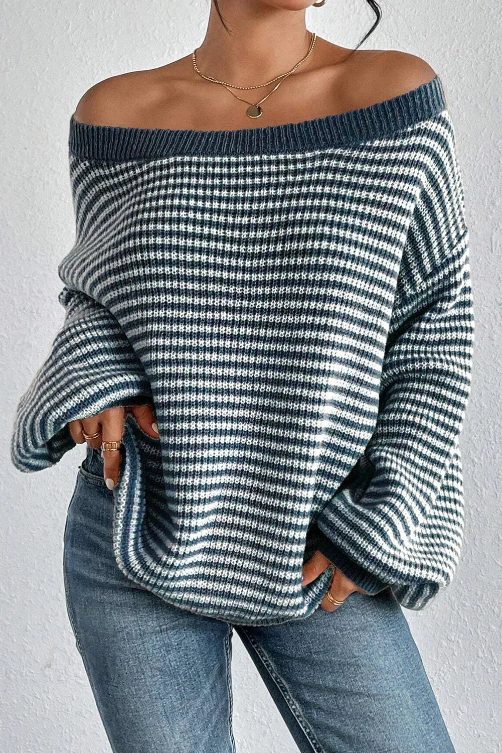 Striped Off Shoulder Knit Sweater with Voluminous Sleeves