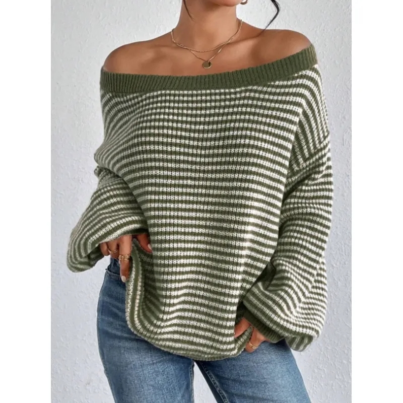 Striped Off Shoulder Knit Sweater with Voluminous Sleeves